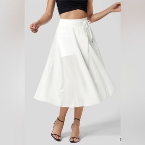 HALARA High Waisted Drawstring Contrast Mesh 2-in-1 Flowy Midi Flare Skirt XL